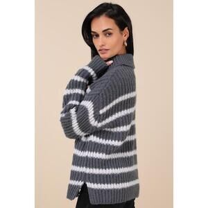 Lulus Cooler Forecast Grey And White Striped Turtleneck Sweater - Size L